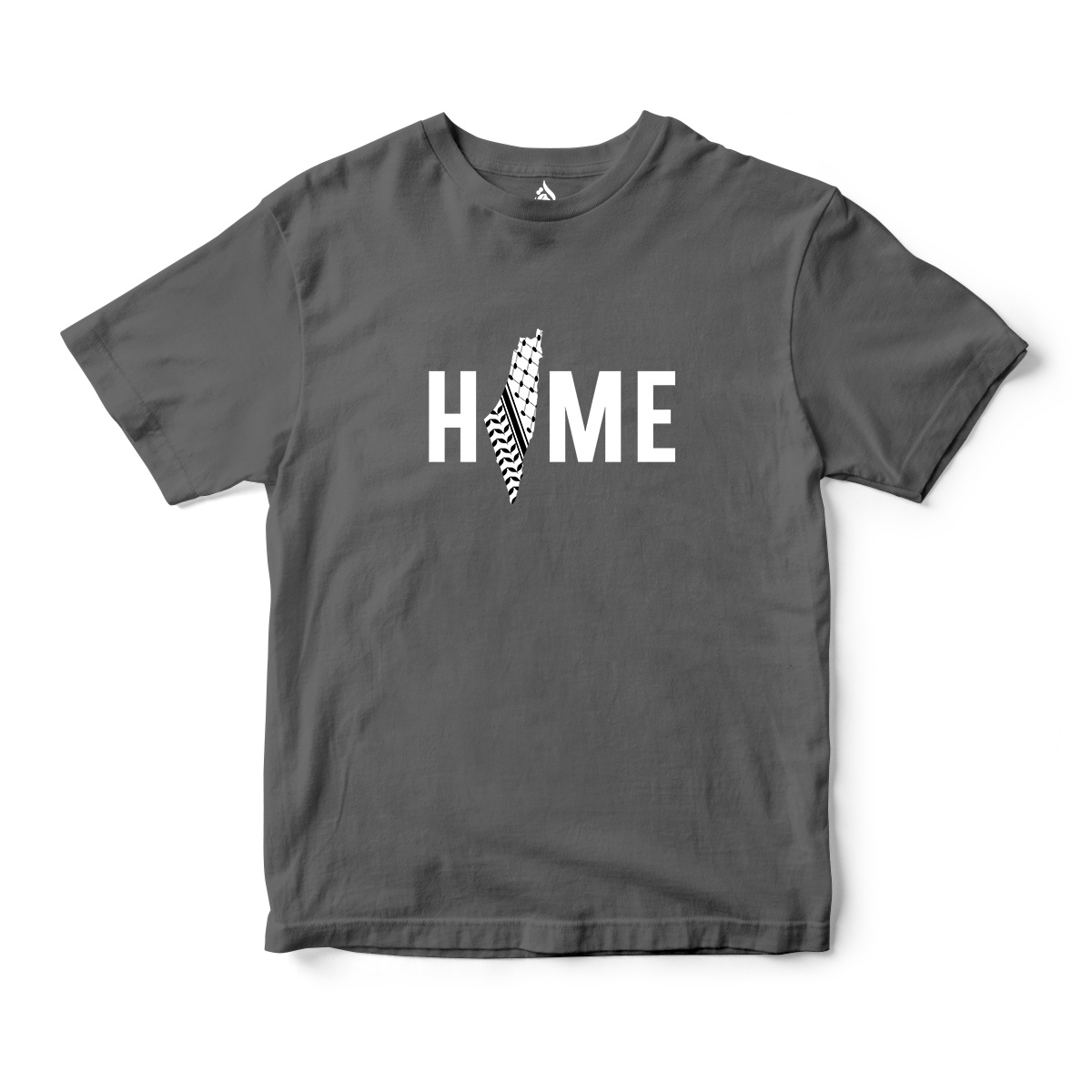 Palestine Home T-Shirt — HOME bold print with Palestine keffiyeh map solidarity tee in grey