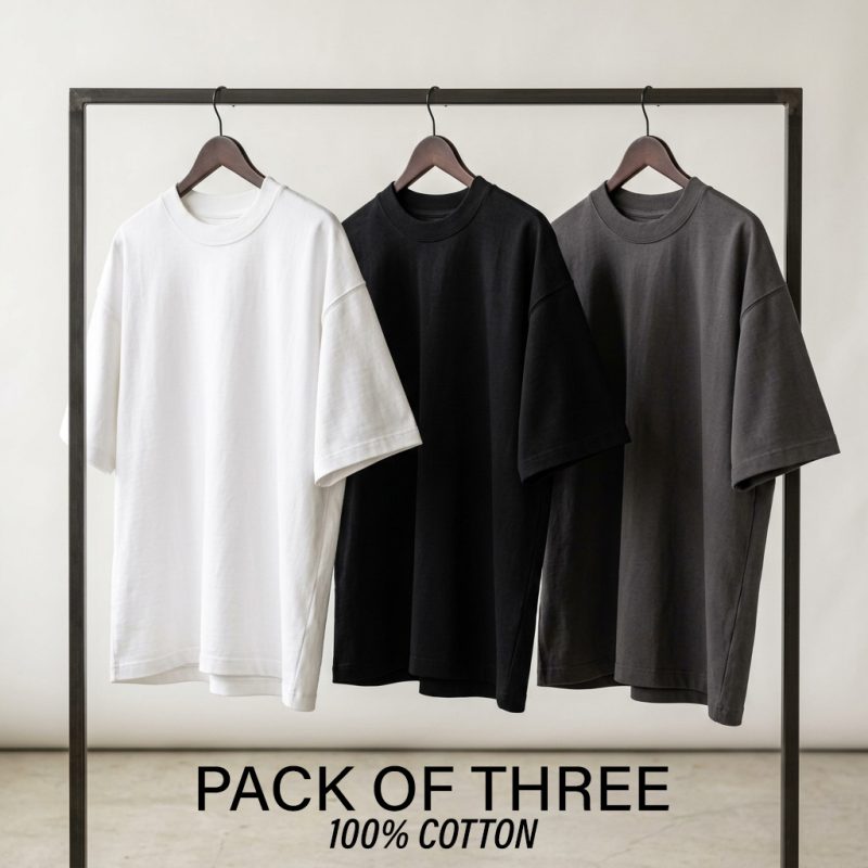 Pack of 3 plain 100% cotton oversized drop shoulder shirts — 230 GSM heavyweight tee bundle