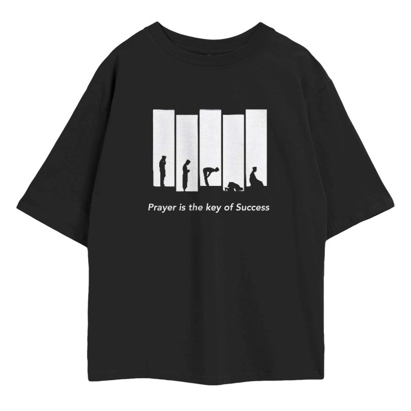 Prayer is the Key to Success Oversized T-Shirt — salah positions silhouette key panel graphic Islamic tee in black