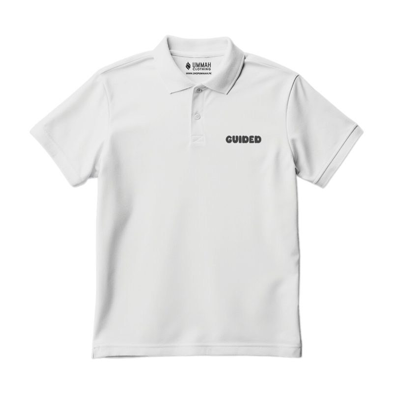 Guided Islamic Polo Shirt in white — bold GUIDED chest print smart casual Muslim polo