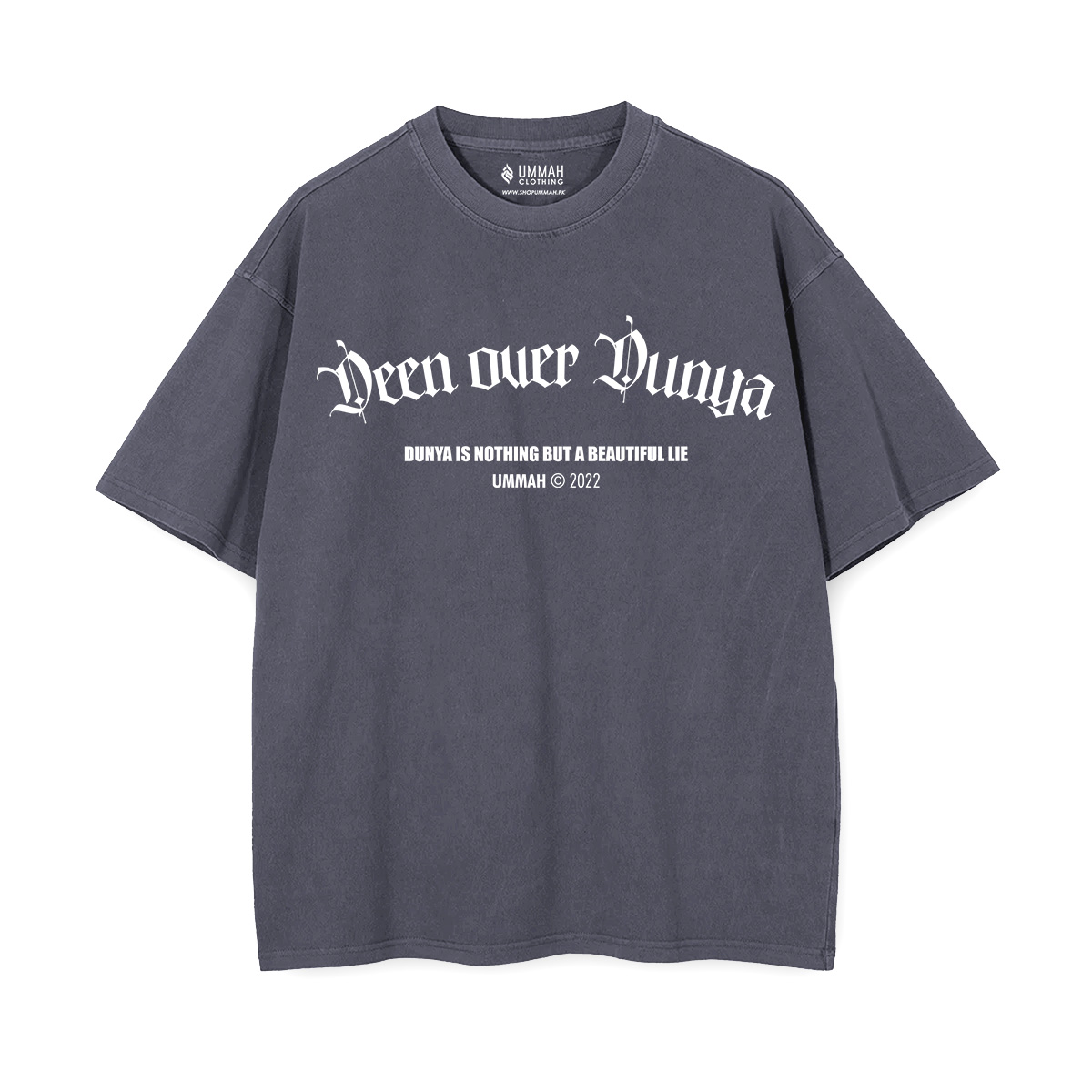 Deen over Dunya Oversized T-Shirt in black — gothic blackletter Islamic print dunya is a beautiful lie tee
