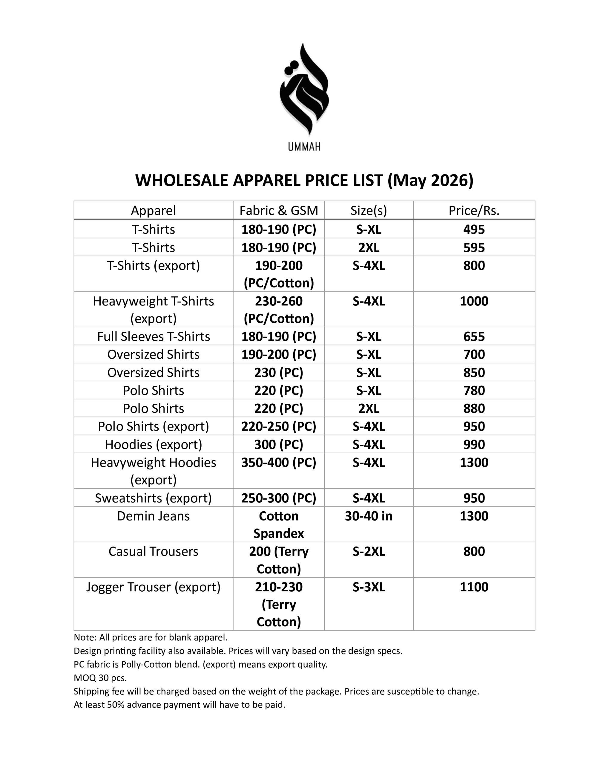 WHOLESALE PRICE LIST - Ummah Clothing - August 26-1